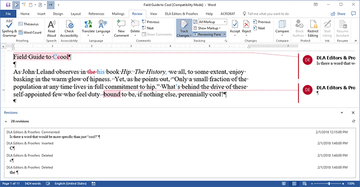 reviewing pane. in word 2016 for mac