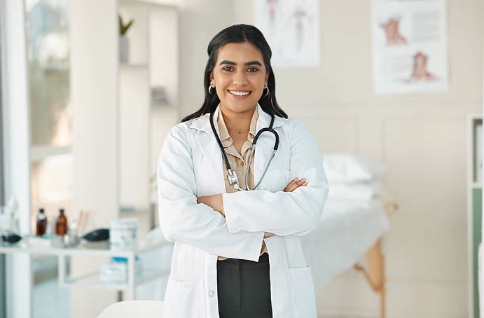 young female doctor smiling with arms crossed